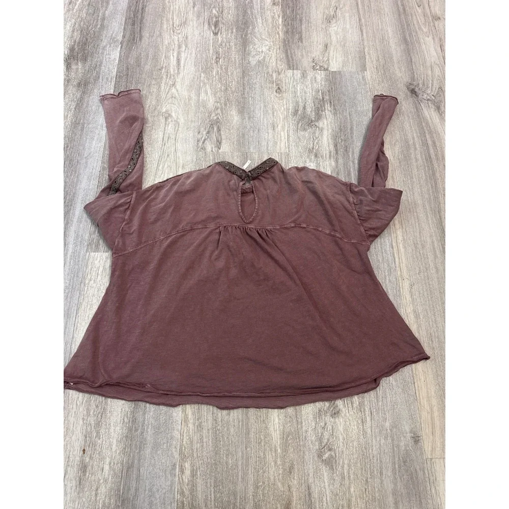 Free People Embroidered Long Sleeve Babydoll Top Plum Mauve Cotton Size Medium